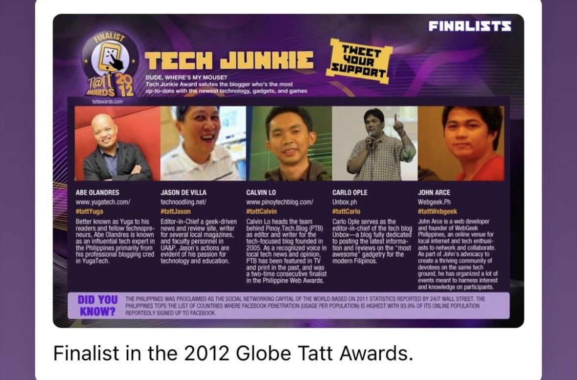 WebGeek finalist listing in the 2012 Globe Tatt Awards Tech Junkie category