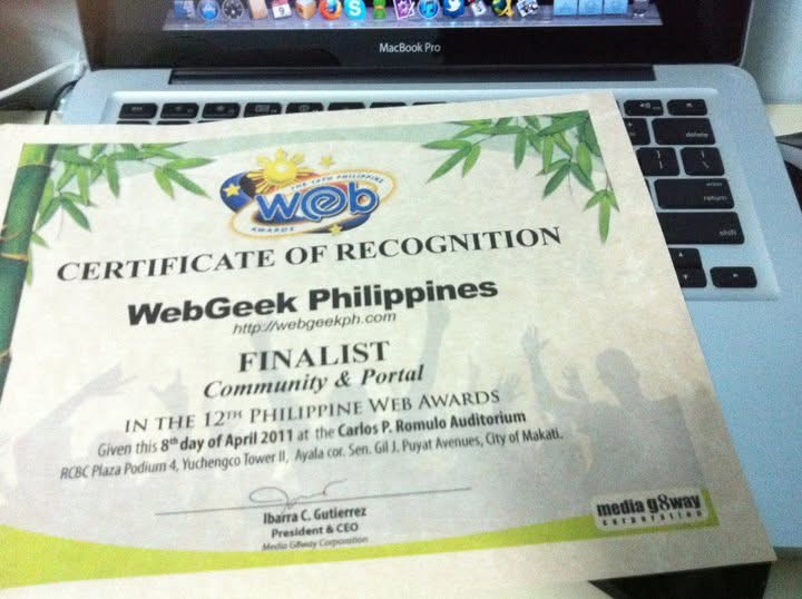 Certificate of Recognition, WebGeek Philippines finalist in the 12th Philippine Web Awards